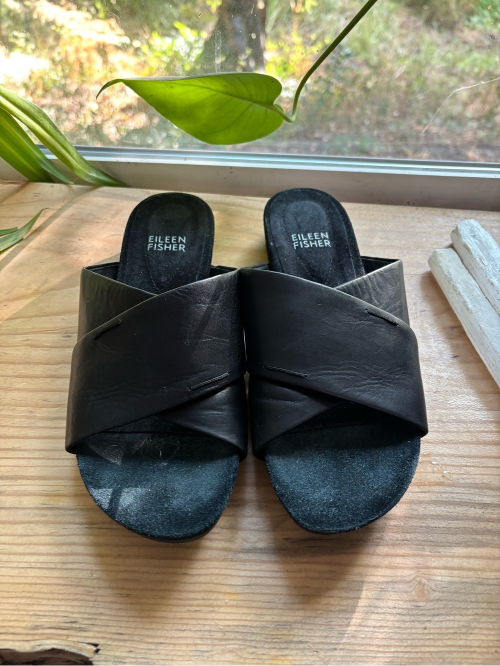 Eileen Fisher Black Leather Crisscross Slide Mules